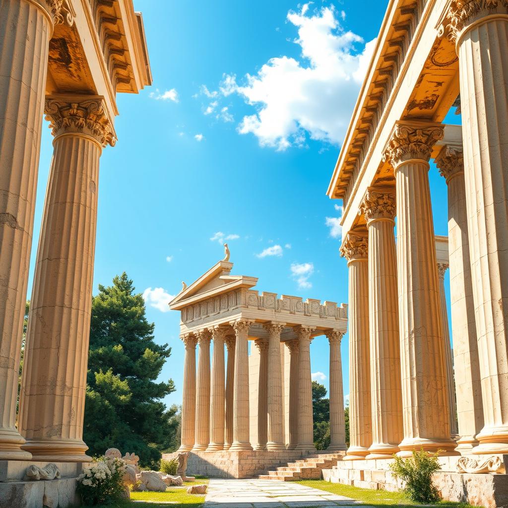 An ancient Greek temple, showcasing intricate architectural details, majestic columns, and classical sculptures