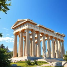An ancient Greek temple, showcasing intricate architectural details, majestic columns, and classical sculptures