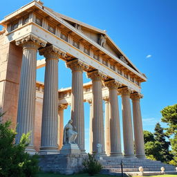 An ancient Greek temple, showcasing intricate architectural details, majestic columns, and classical sculptures
