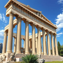 An ancient Greek temple, showcasing intricate architectural details, majestic columns, and classical sculptures