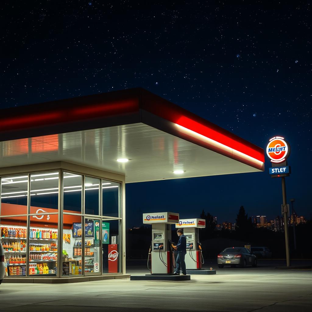 A stunning nighttime scene of a gas station, illuminated by bright lights and neon signs, showcasing the pumps under a starry sky