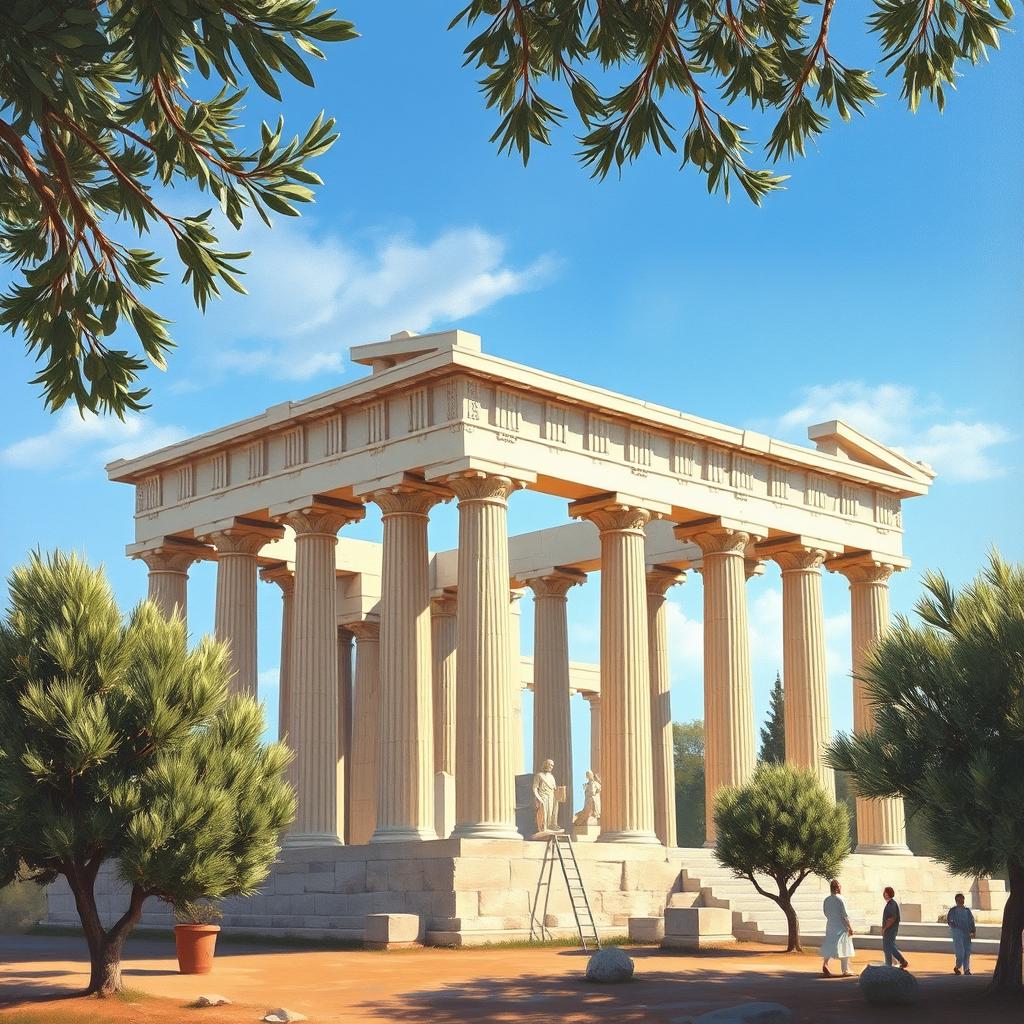 An ancient Greek temple, characterized by its stunning Doric or Ionic columns, intricate friezes, and sculptures depicting mythological scenes