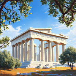 An ancient Greek temple, characterized by its stunning Doric or Ionic columns, intricate friezes, and sculptures depicting mythological scenes