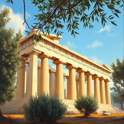 An ancient Greek temple, characterized by its stunning Doric or Ionic columns, intricate friezes, and sculptures depicting mythological scenes