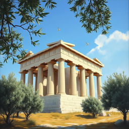 An ancient Greek temple, characterized by its stunning Doric or Ionic columns, intricate friezes, and sculptures depicting mythological scenes