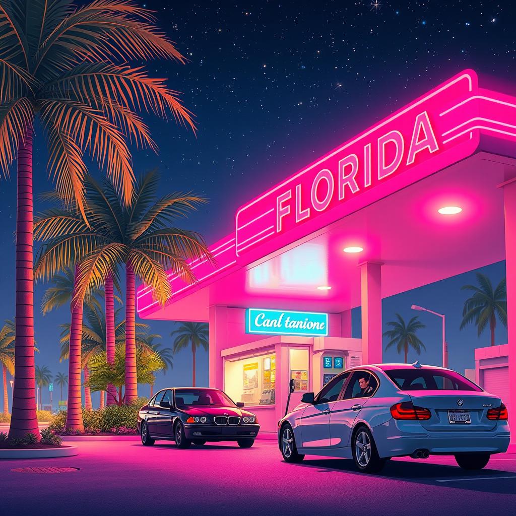 A picturesque scene of a Florida gas station at night, bathed in soft pink lighting