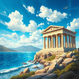 An ancient Greek temple situated near a beautiful seascape, painted during the daytime