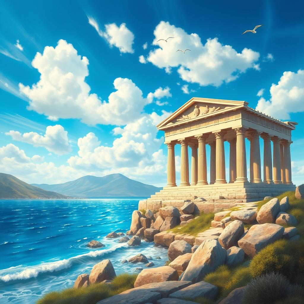 An ancient Greek temple situated near a beautiful seascape, painted during the daytime