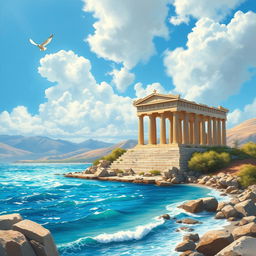 An ancient Greek temple situated near a beautiful seascape, painted during the daytime