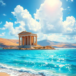 An ancient Greek temple situated near a beautiful seascape, painted during the daytime