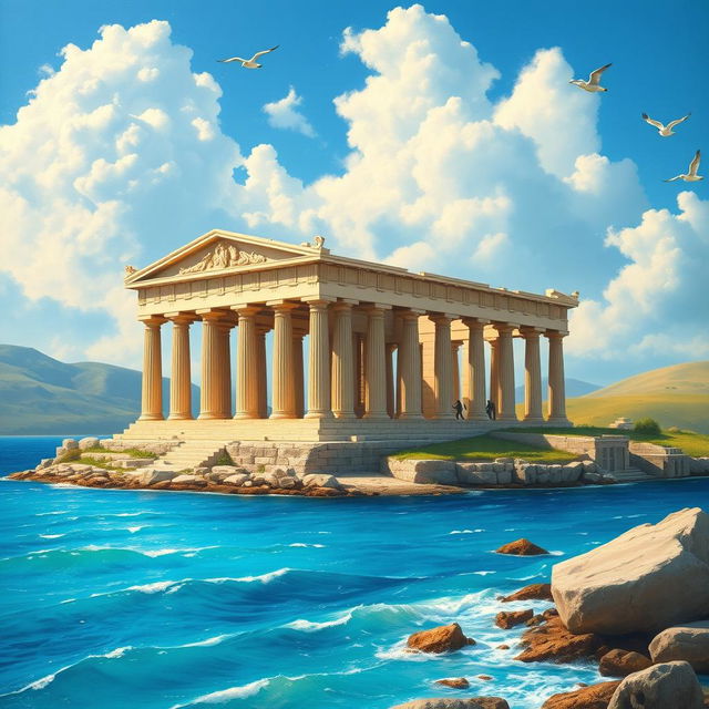 An ancient Greek temple situated near a beautiful seascape, painted during the daytime