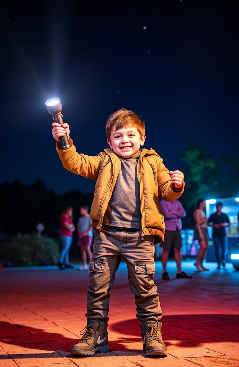 A charismatic young boy standing confidently with a brilliant, innovative flashlight in his hands