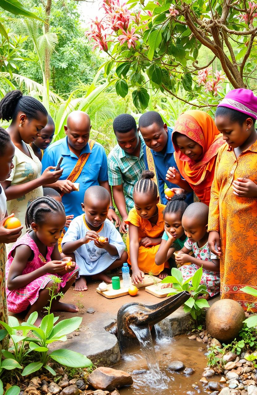 A vibrant and engaging educational scene showcasing African community members using local resources to teach STEM subjects to school-aged children