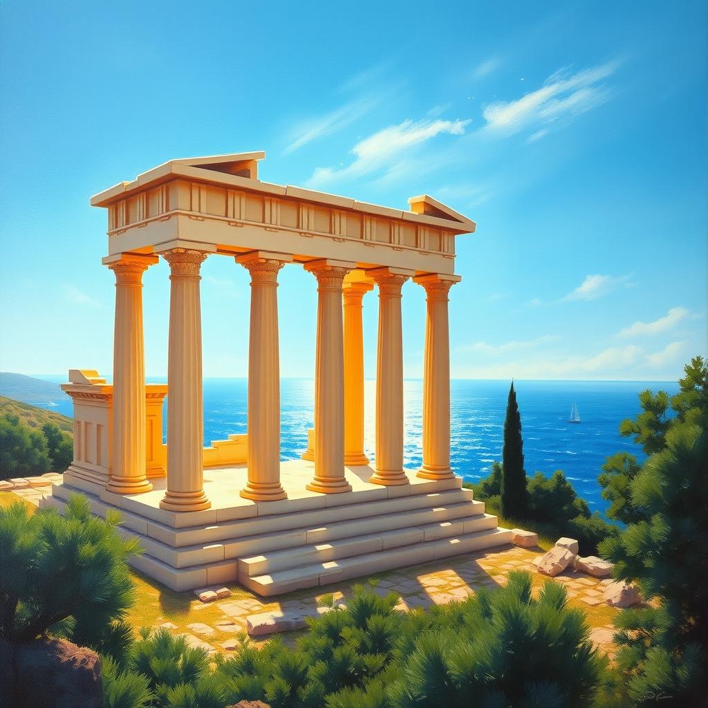 An ancient Greek temple set against a distant oceanic landscape, depicted in a vibrant painting during the day