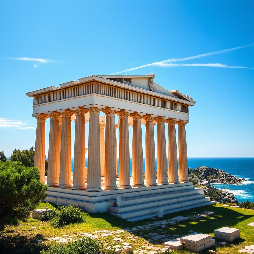 An ancient Greek temple set against a beautiful distant seascape during the day