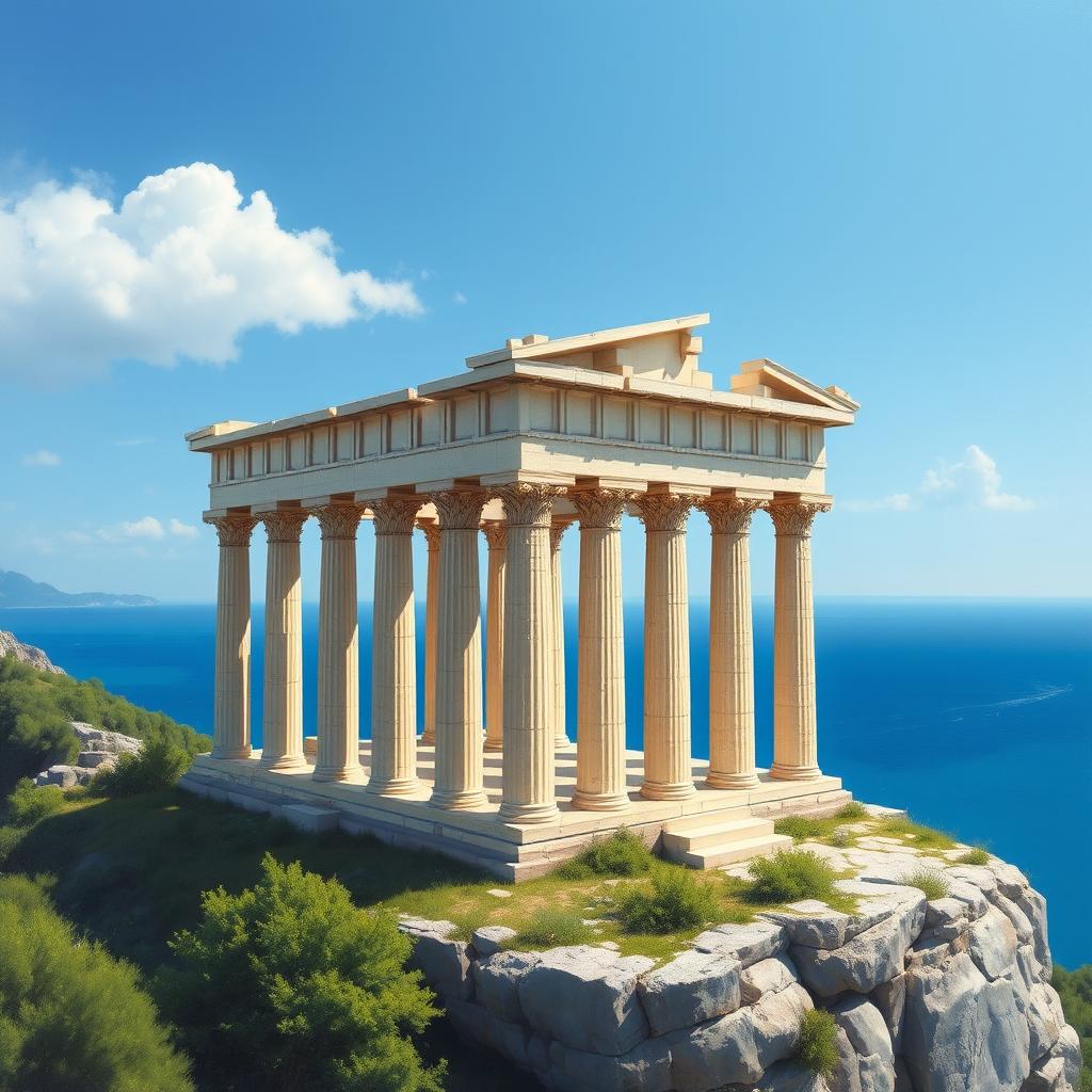 An ancient Greek temple set against a distant seascape, showcasing majestic columns and intricate carvings