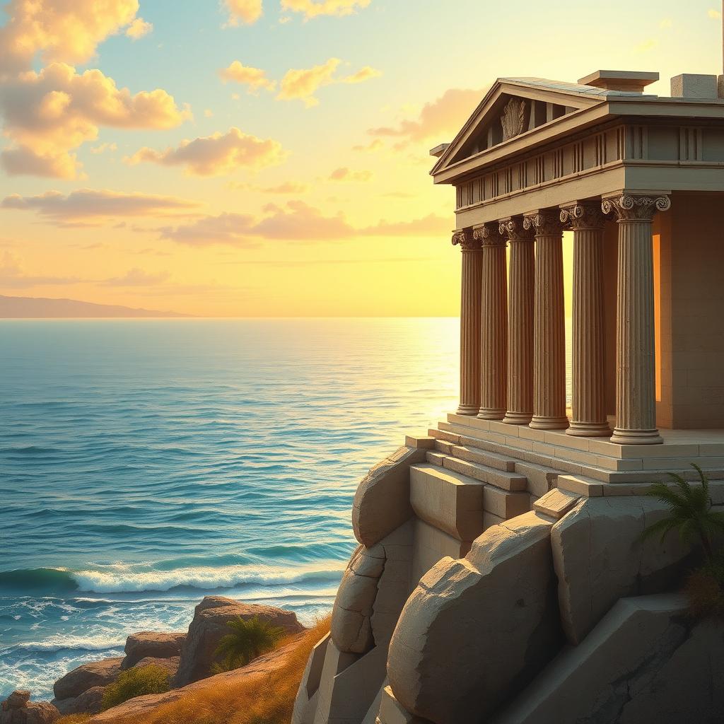 An ancient Greek temple with a distant seascape view, featuring grand columns and detailed sculptures