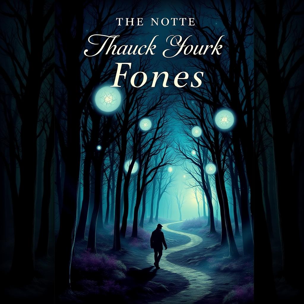A captivating book cover design featuring a mysterious forest at twilight, with ethereal glowing orbs floating among the trees