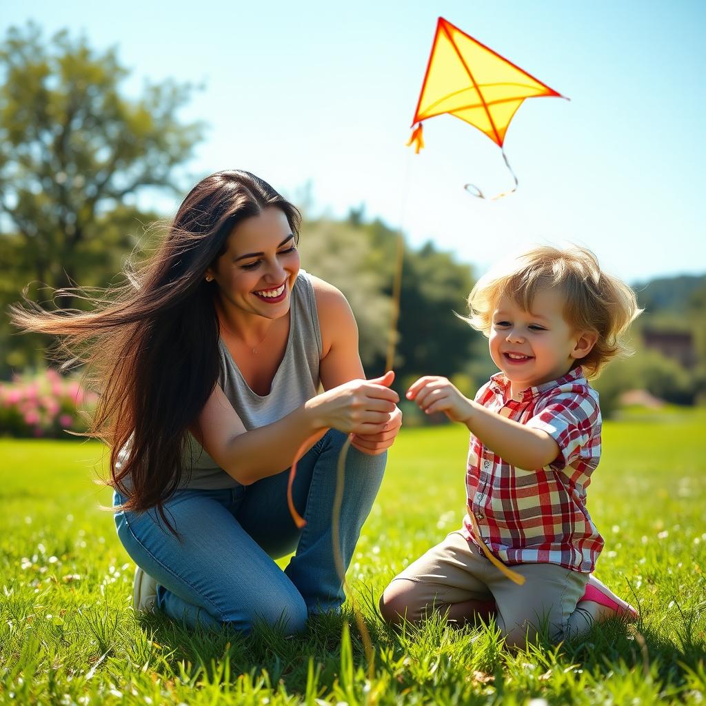 A heartwarming scene of a mother and son sharing a joyful moment in a sunny park