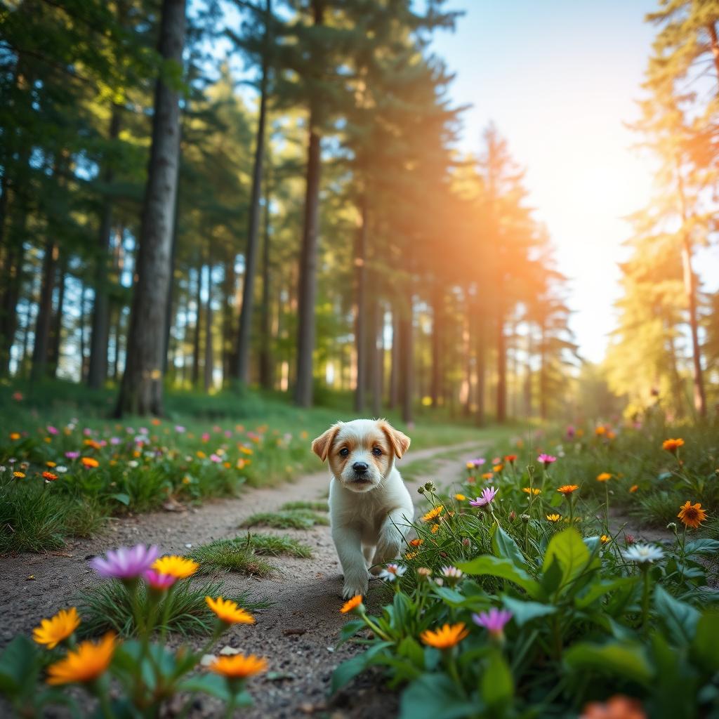A serene outdoor landscape showing a beautiful forest path with sunlight filtering through the leaves