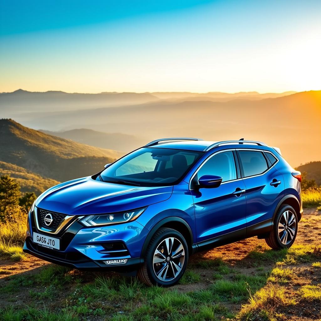 A stunning Nissan Qashqai J10 parked on a scenic hillside with a panoramic view of mountains in the background, the vehicle is shown in a vibrant blue color, with sunlight glinting off its polished surface