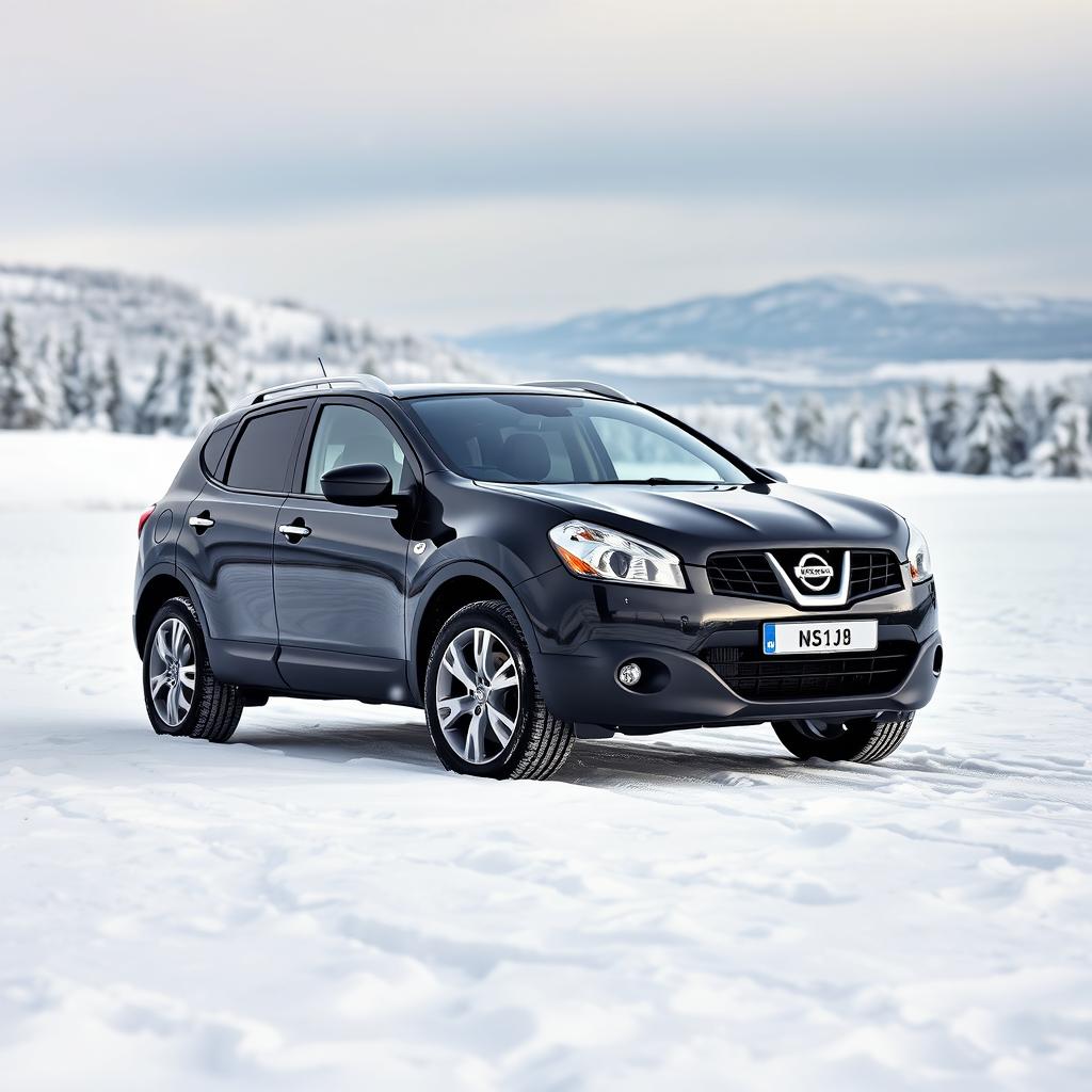 A Nissan Qashqai J10, model year 2007, in a sleek black color, parked majestically in a snowy landscape