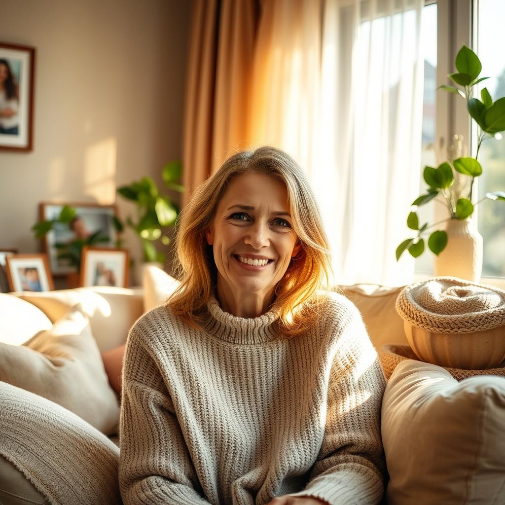A warm and loving portrait of a mother sitting in a cozy living room filled with natural light