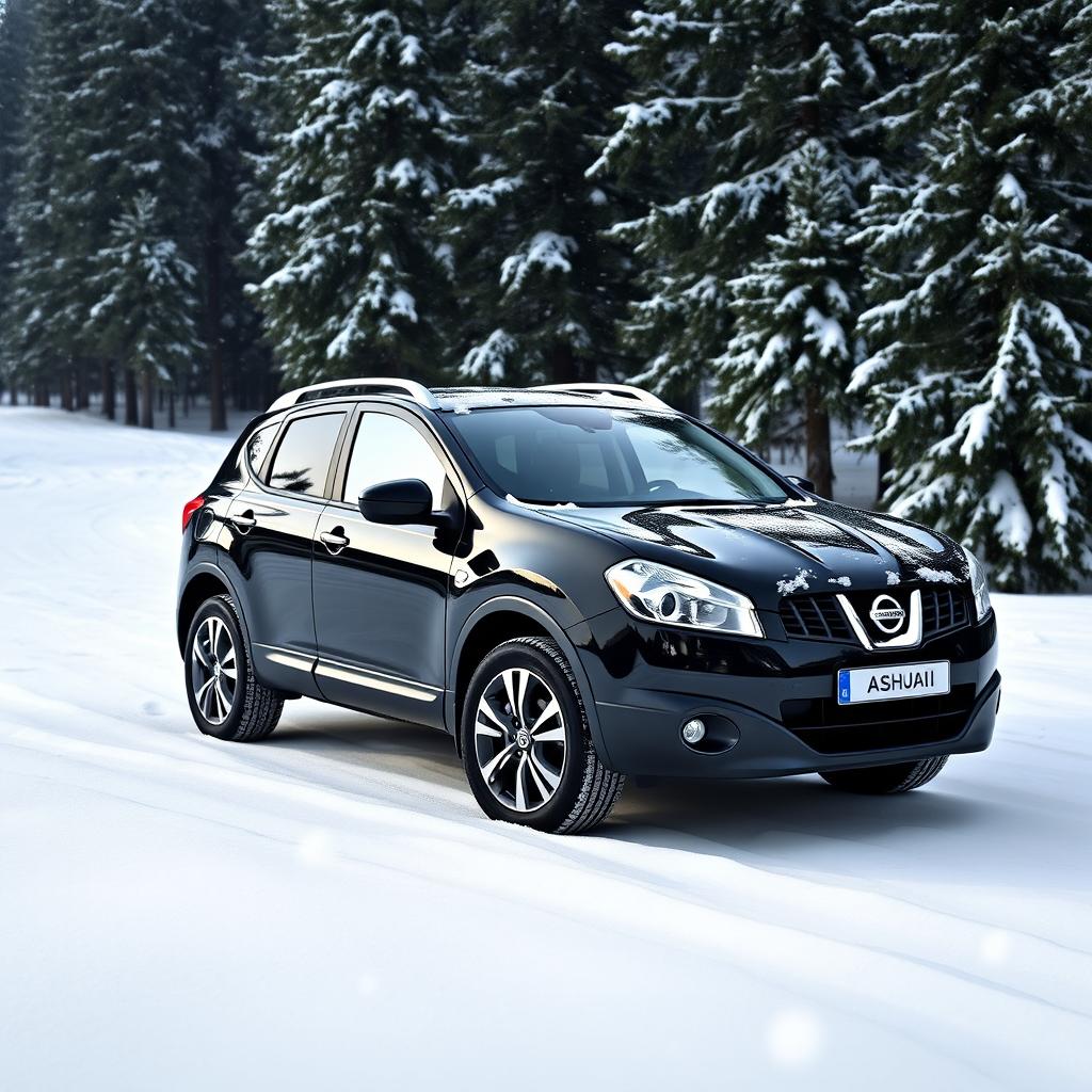 A sleek black Nissan Qashqai J10 from 2007 parked on a snowy landscape