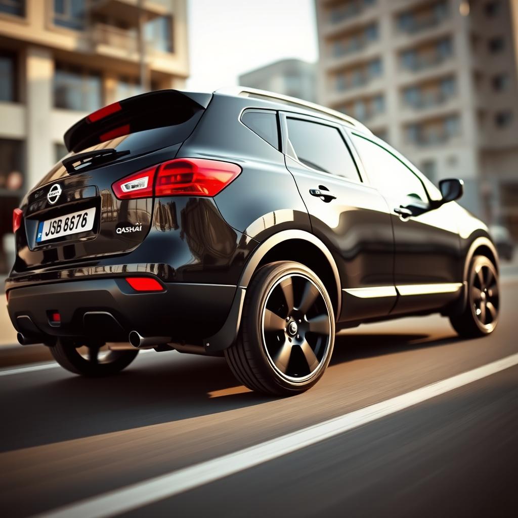 A sleek black Nissan Qashqai J10 from 2007, captured from a low angle focusing on the rear view of the vehicle