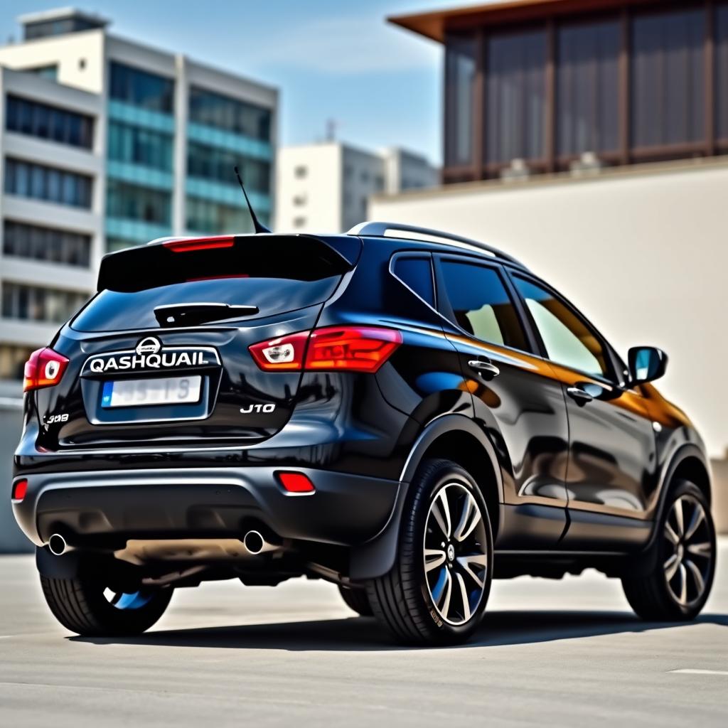 A sleek black Nissan Qashqai J10 from 2007, showcasing a well-defined rear view with wide tires, parked in an urban environment
