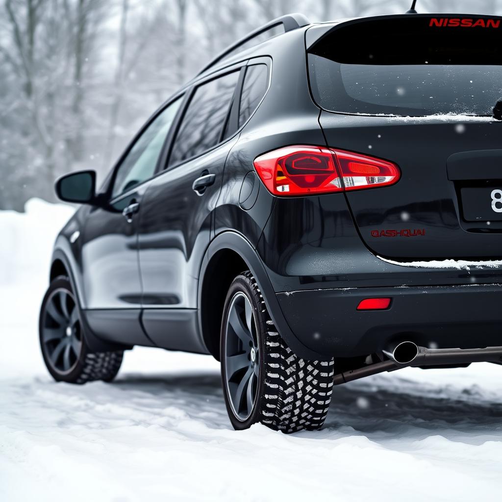 A black 2007 Nissan Qashqai J10 with wide tires, specifically highlighting the rear of the vehicle, positioned in a snowy environment