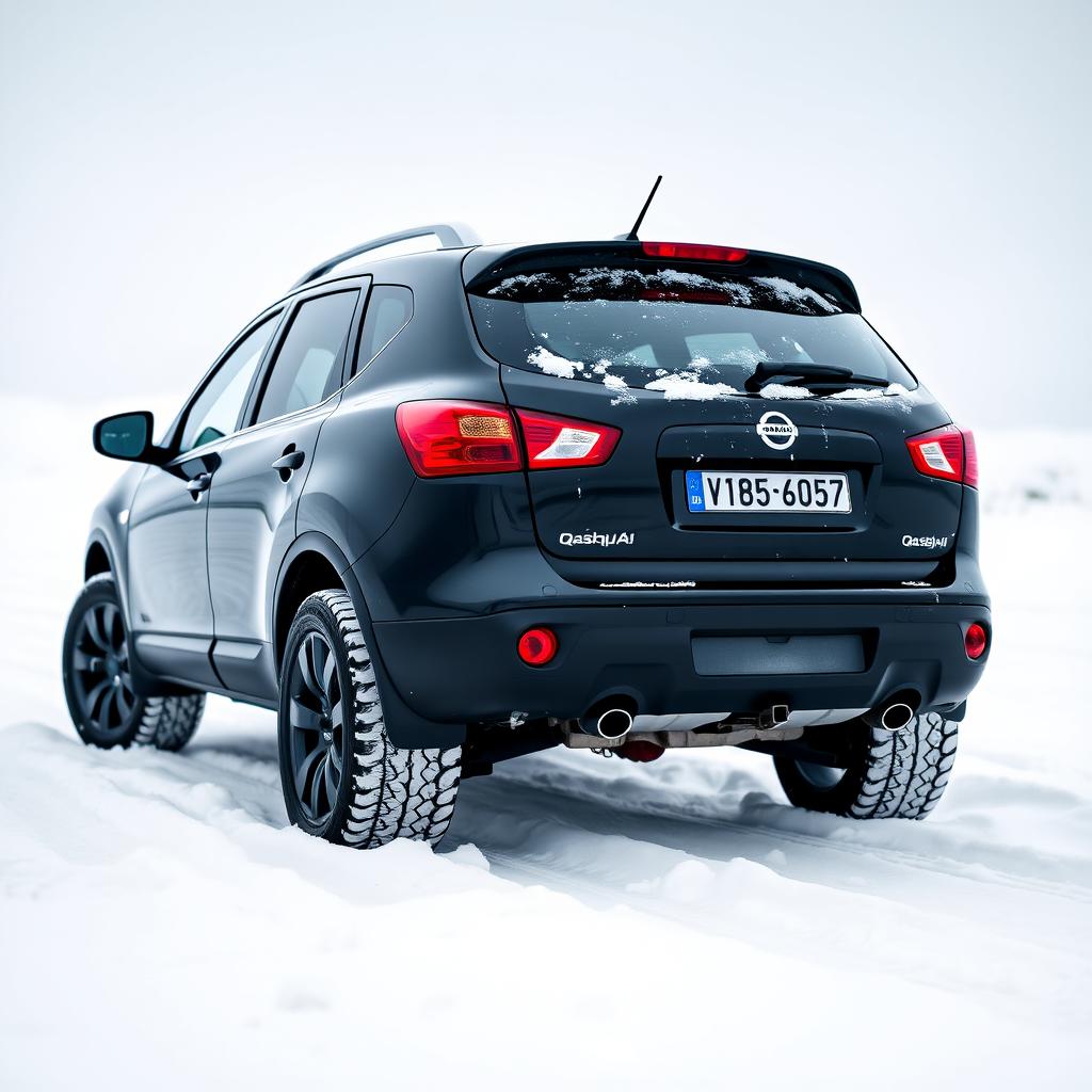 A 2007 black Nissan Qashqai J10 with wide tires and stylish rims, showcasing the rear view of the car