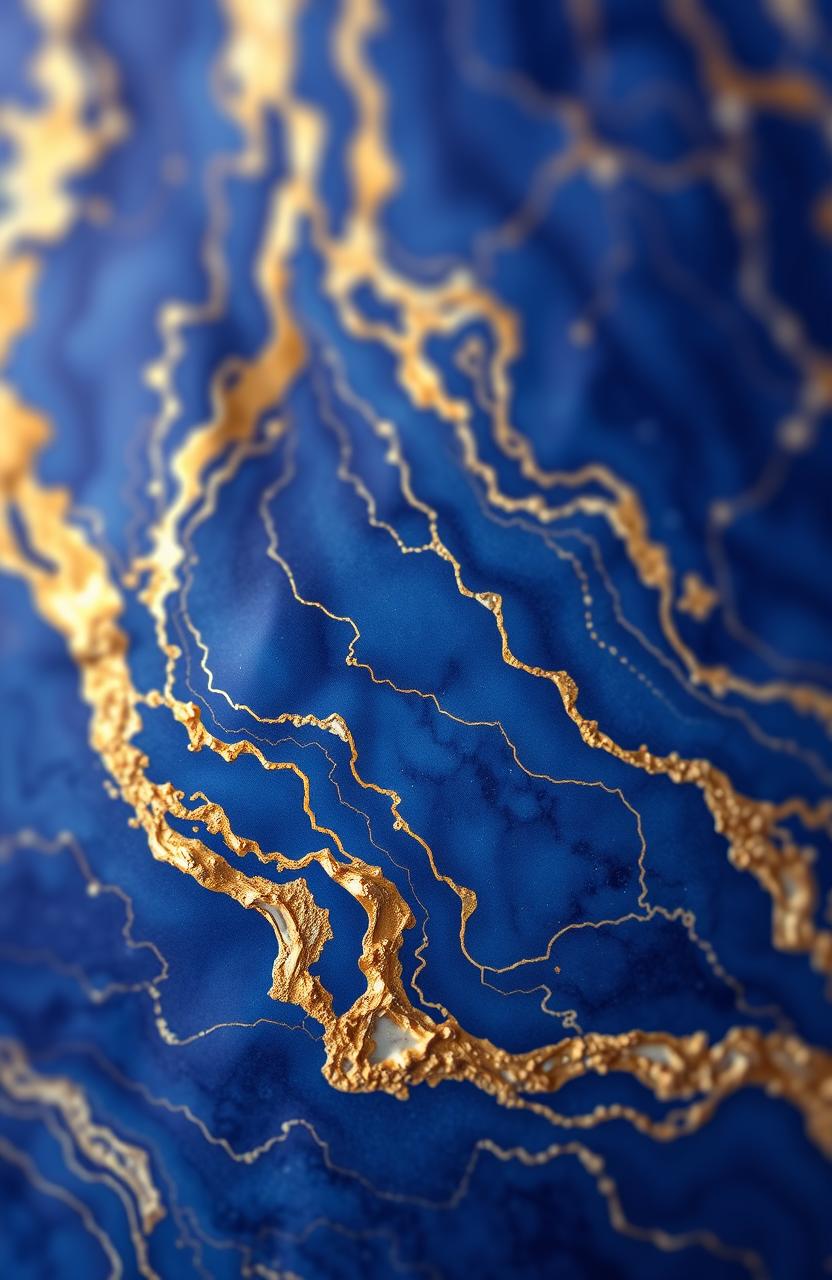 A beautifully intricate digital painting titled 'Veins of Royalty', depicting a close-up view of luxurious royal blue and gold veins flowing through opulent marble
