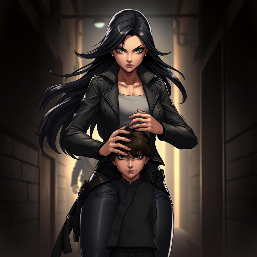A fierce and protective female character, named Mari, standing guard against an unseen threat