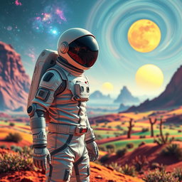 A futuristic human astronaut in a sleek, high-tech space suit, standing on the surface of a vibrant alien planet with colorful landscapes