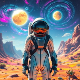 A futuristic human astronaut in a sleek, high-tech space suit, standing on the surface of a vibrant alien planet with colorful landscapes