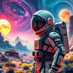 A futuristic human astronaut in a sleek, high-tech space suit, standing on the surface of a vibrant alien planet with colorful landscapes