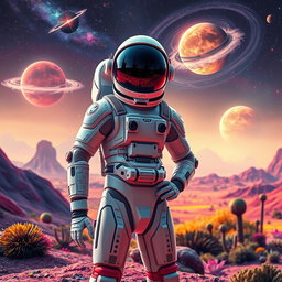 A futuristic human astronaut in a sleek, high-tech space suit, standing on the surface of a vibrant alien planet with colorful landscapes