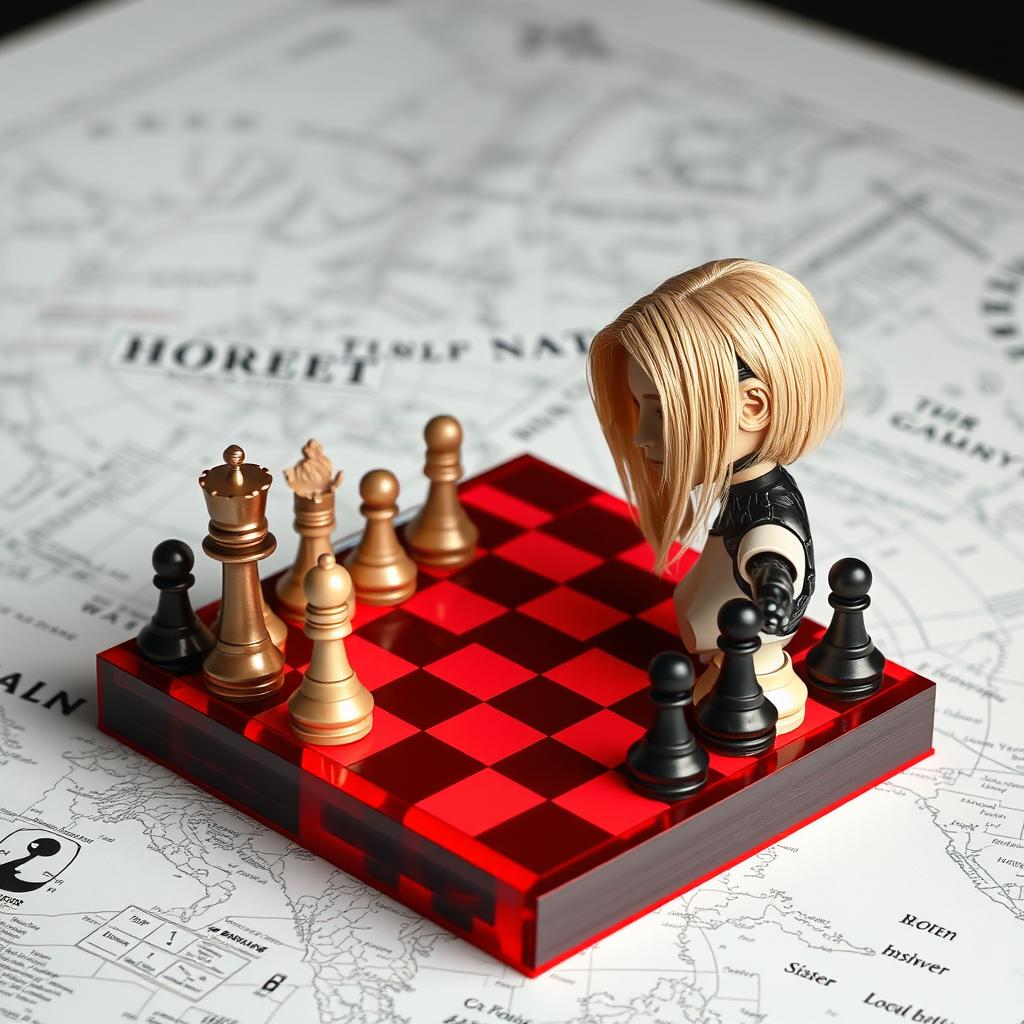 A book cover featuring a chessboard in translucent red and black colors placed over a world atlas