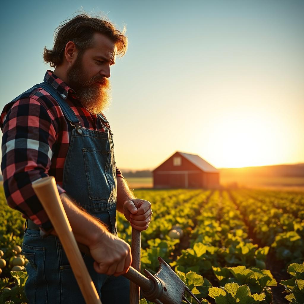A rugged, muscular man with a well-defined beard, dressed in a plaid shirt and denim overalls, working diligently as a farmer in a lush, green field