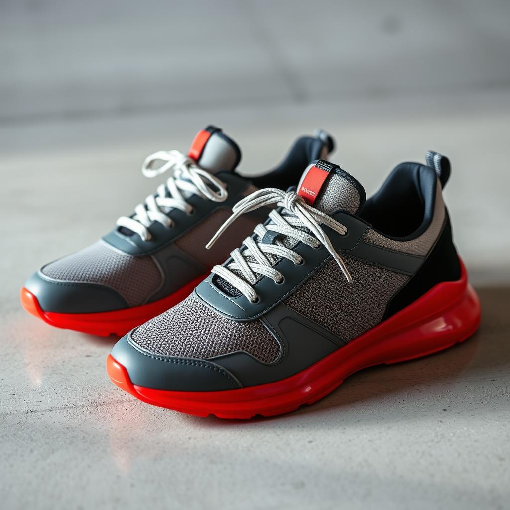 A stylish pair of modern sneakers with a sleek design, featuring vibrant red soles