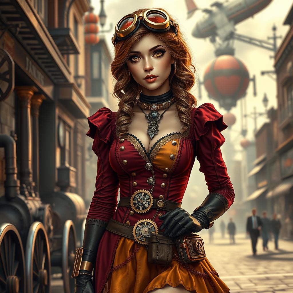 An extremely realistic depiction of a beautiful steampunk girl wearing a short, intricately designed dress