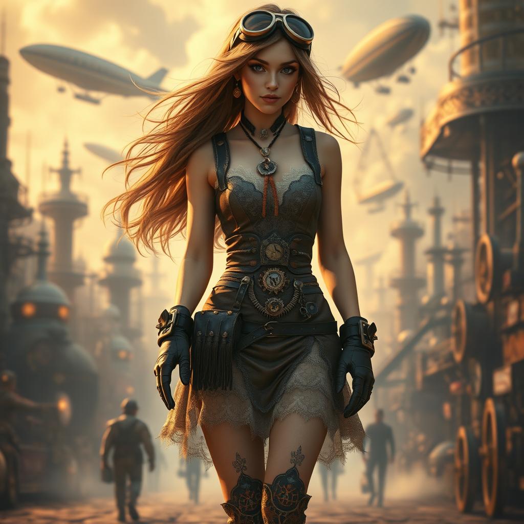 An extremely realistic depiction of a beautiful steampunk girl in a short, intricately designed dress, walking confidently away from the camera