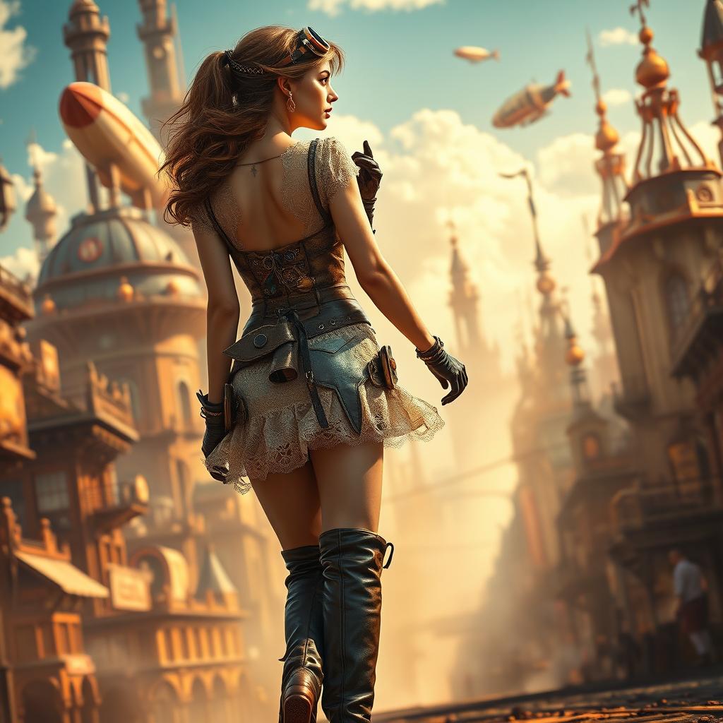 An extremely realistic full-body depiction of a stunning steampunk girl in a short, intricately designed dress
