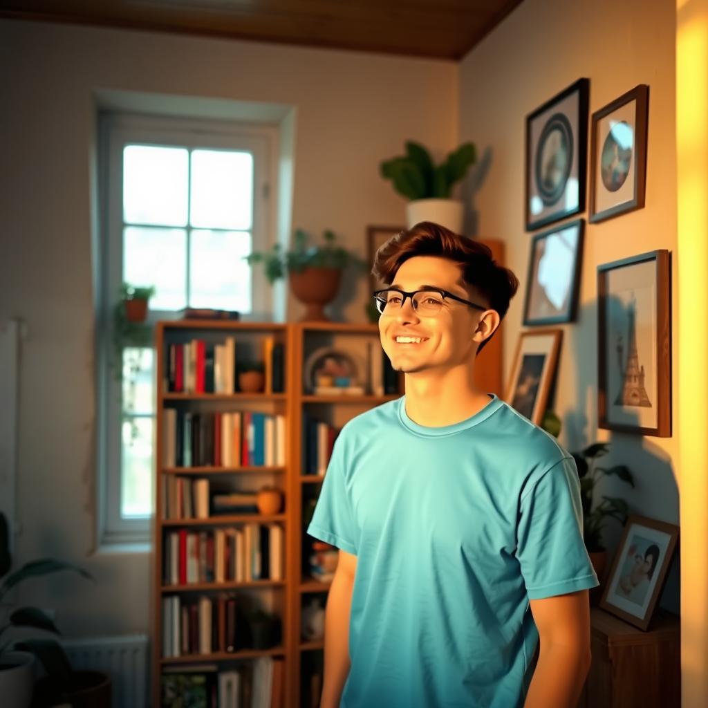 A person wearing a bright blue t-shirt standing inside a cozy room with soft lighting, surrounded by textured walls, a wooden bookshelf filled with books, and warm decor elements such as potted plants and framed pictures