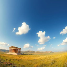A panoramic view of an ancient Greek temple situated in a vast, picturesque plain