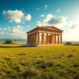 A panoramic view of an ancient Greek temple situated in a vast, picturesque plain