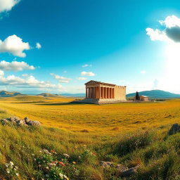 A panoramic view of an ancient Greek temple situated in a vast, picturesque plain
