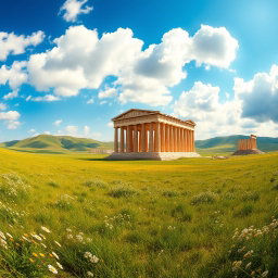A panoramic view of an ancient Greek temple situated in a vast, picturesque plain