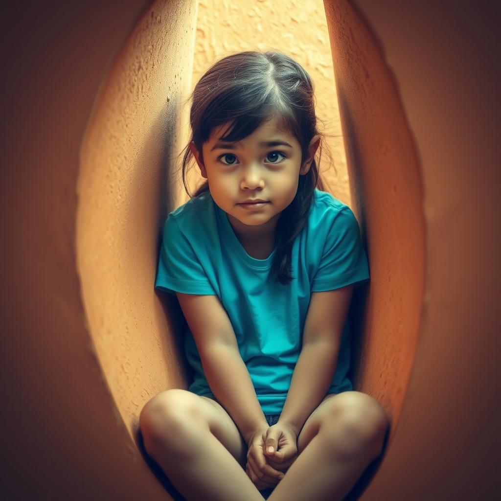 A girl sitting inside a wall, wearing a bright blue t-shirt